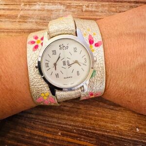 SHA Dual Time Zone Faceted Silver Hand Painted Leather Wrap Watch